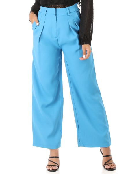 La Modeuse Pantalons Femme Pantalon Palazzo En Crêpe Taille Haute- Bleu