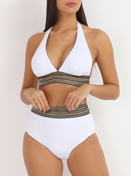La Modeuse Bikini Taille Haute À Motif Grecque- Blanc Maillots De Bain Femme
